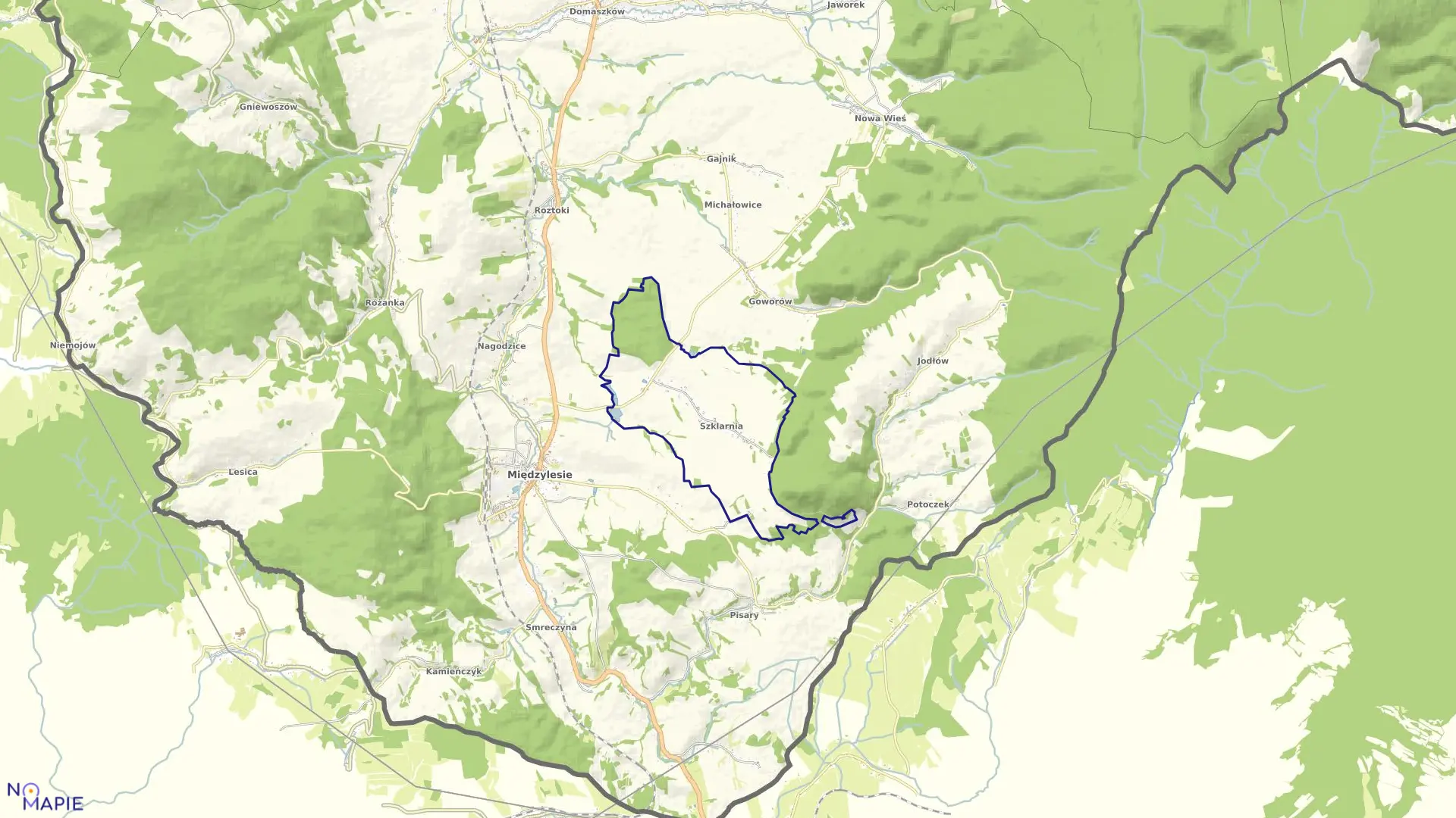 Mapa obrębu Szklarnia w gminie Międzylesie